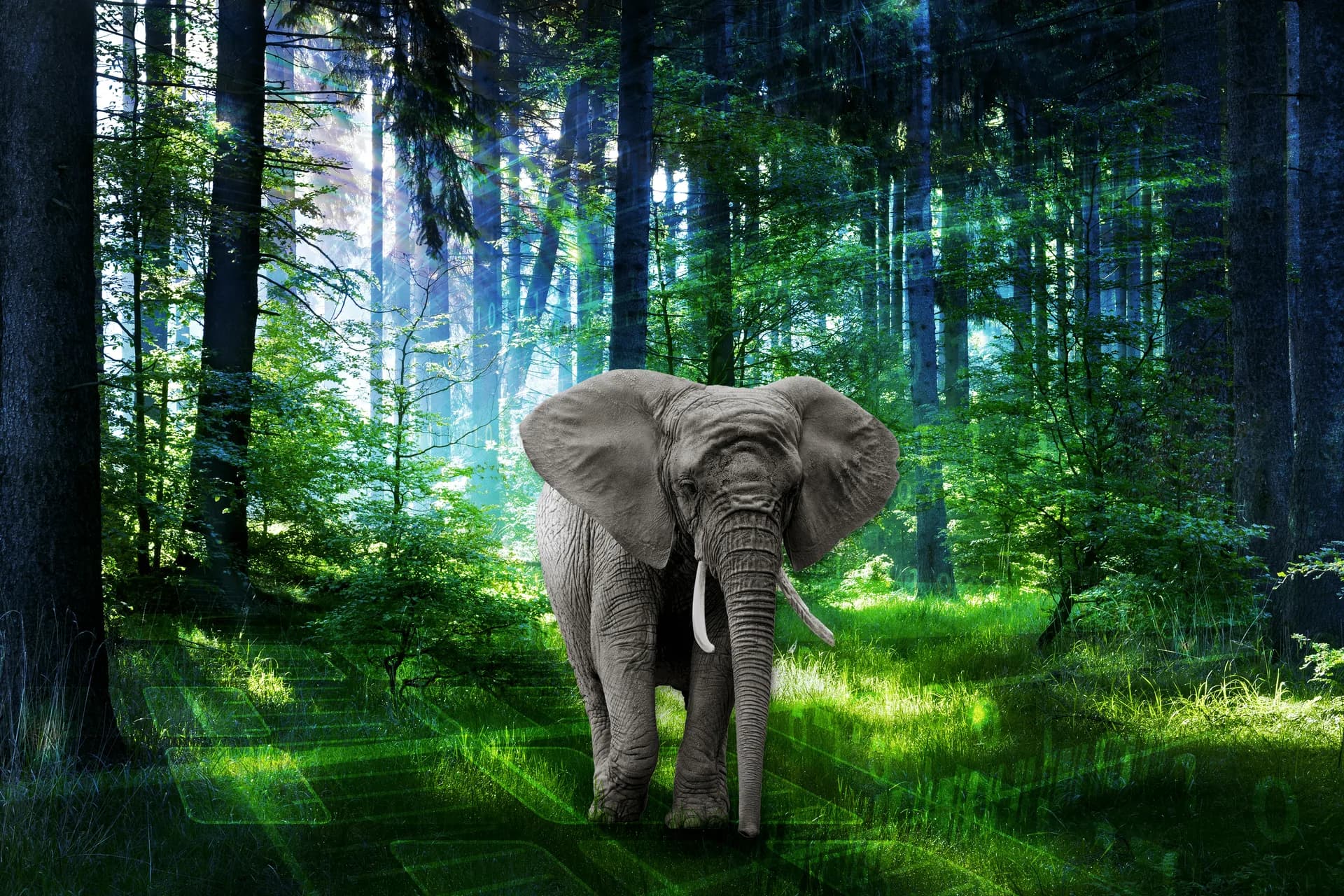 Gray elephant walking forward through a misty green forest with light filtering through tall trees