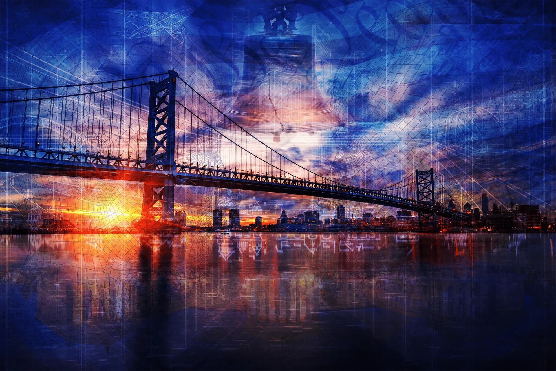Ben Franklin Bridge silhouetted at sunset with blue textured sky and orange reflections on the Delaware River