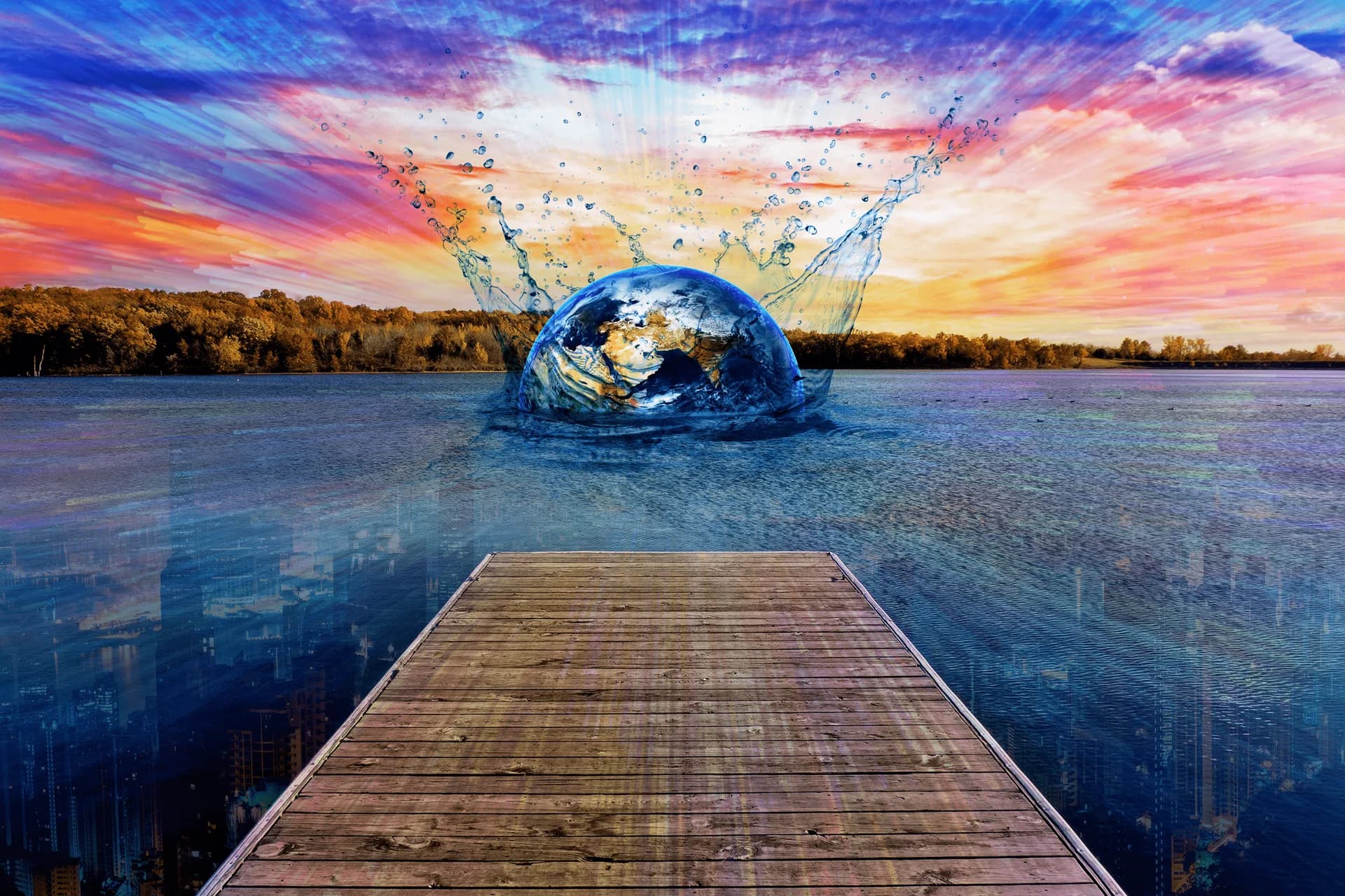 Glass globe splashing into a lake at the end of a wooden dock under a vivid pink and blue sunset sky