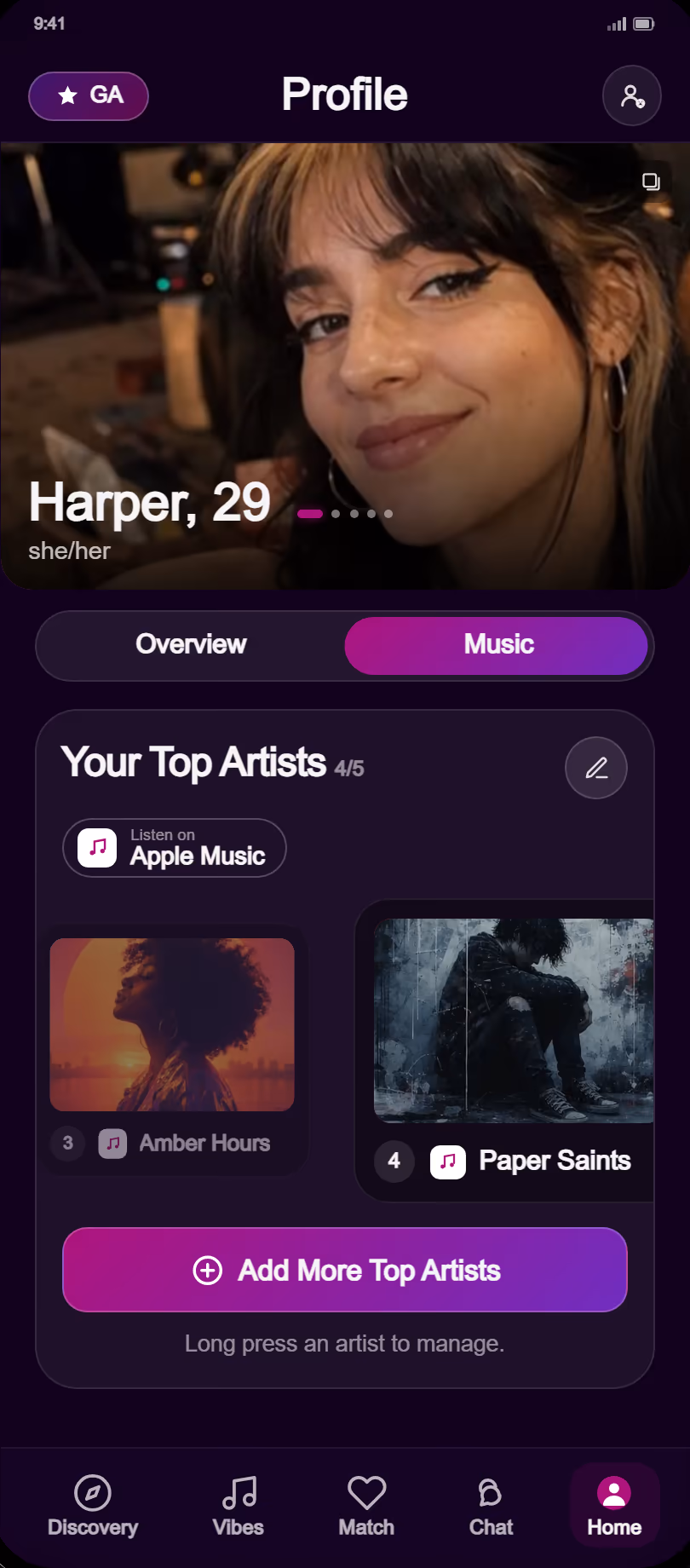Synceria profile screen on the Music tab, where a member taps Add More Top Artists, searches the Apple Music catalog, and adds a fifth top artist to their music identity