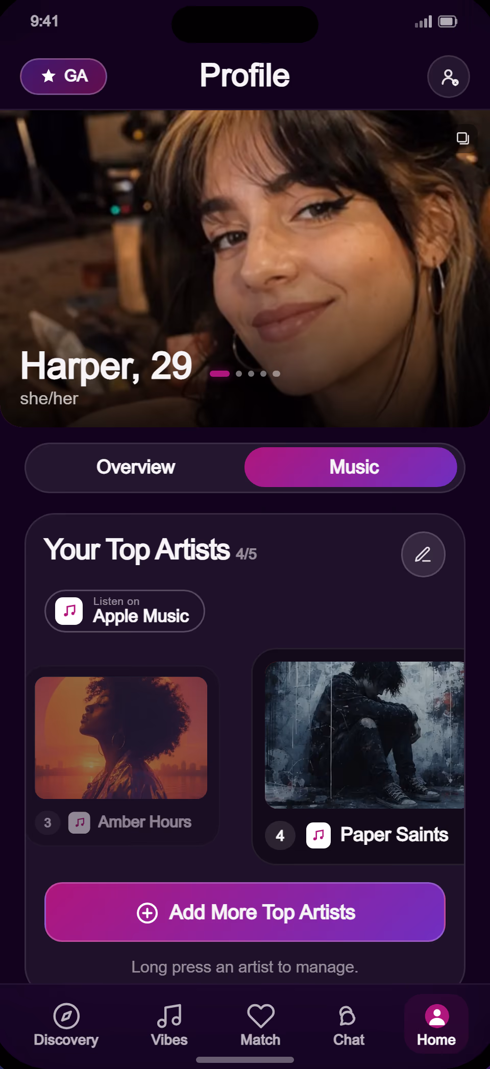 Synceria profile screen showing the branded dark interface: top artists from Apple Music, vibe tags, and the pink, purple, and teal system in use