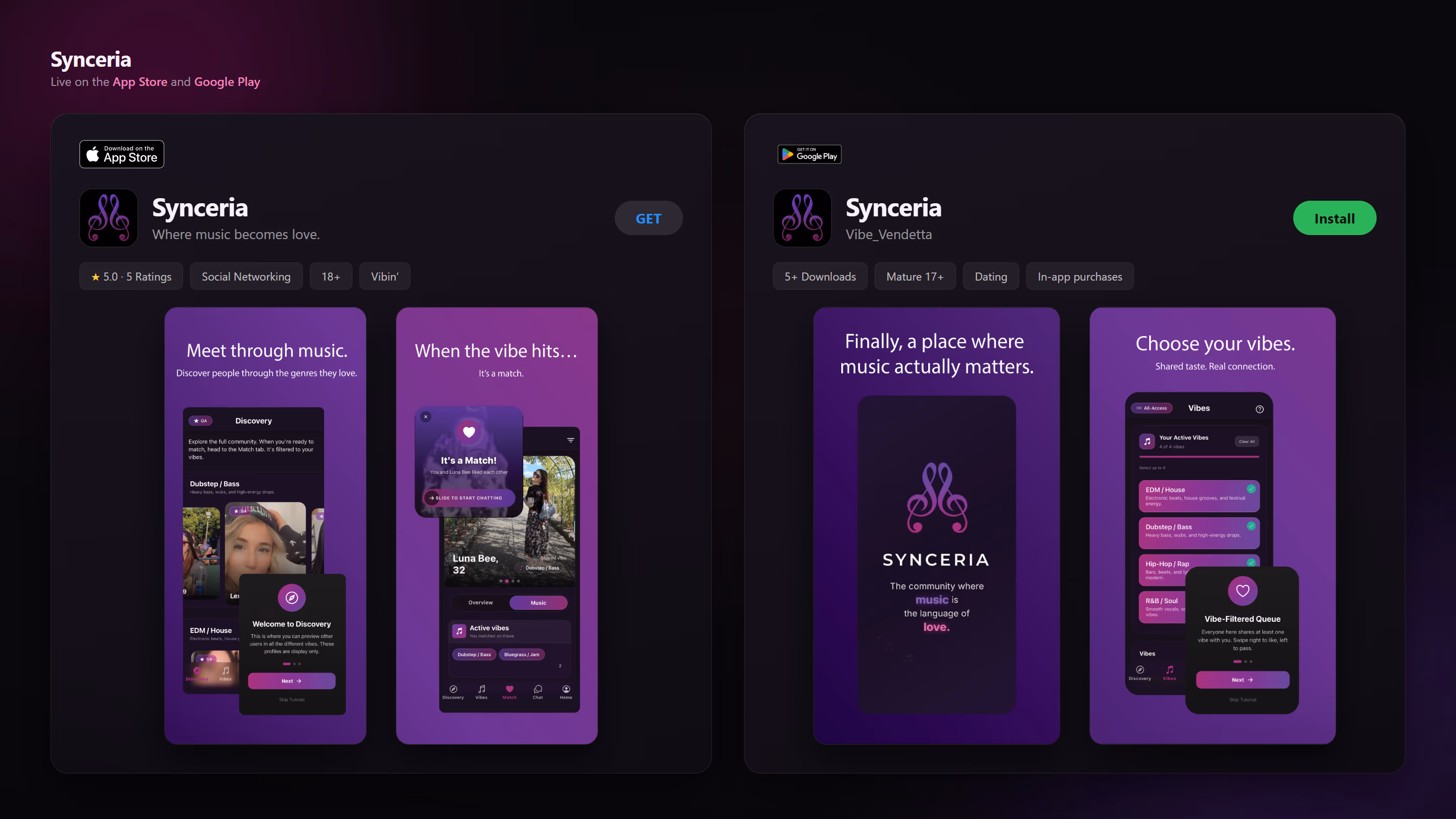 The live Synceria listings on the App Store and Google Play, each showing the app icon, rating, and real app screenshots