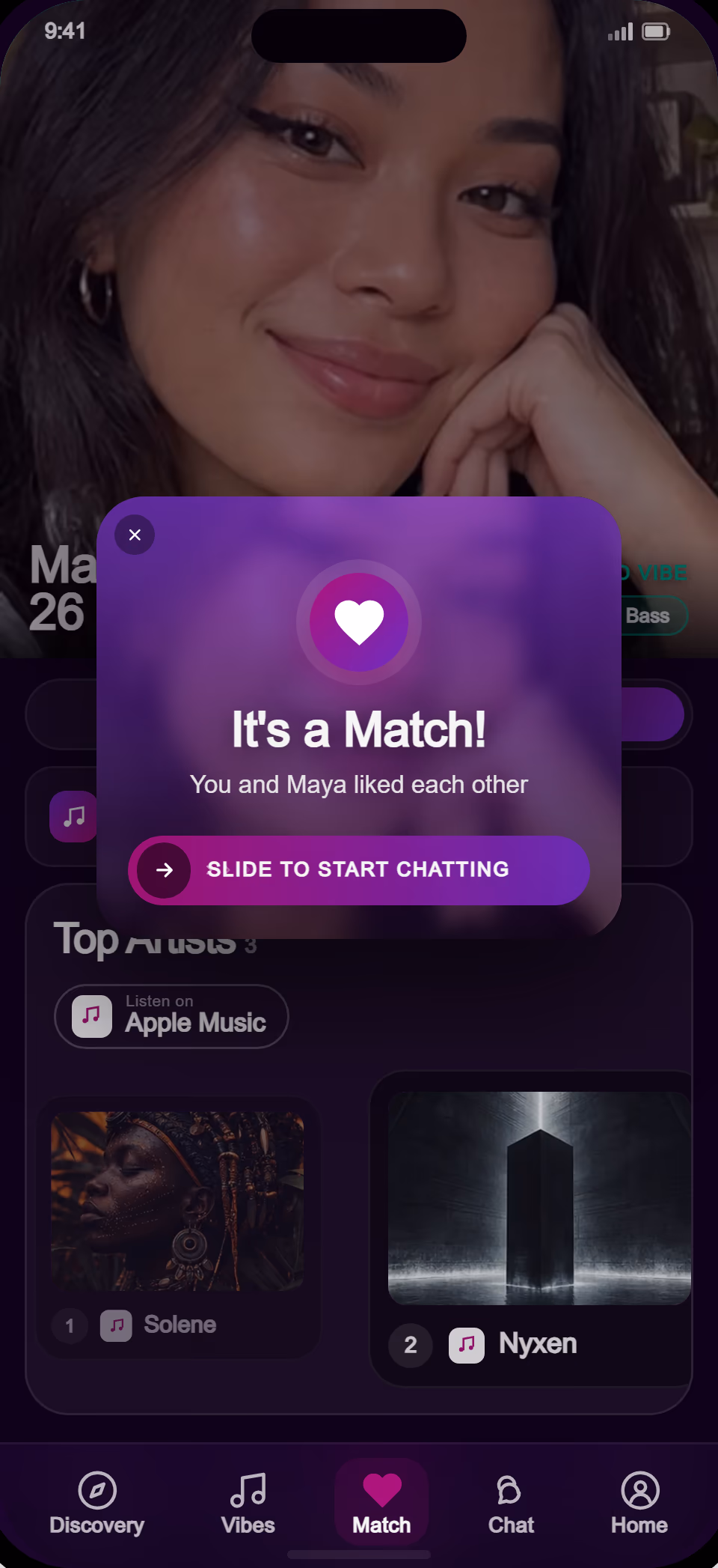 Synceria match screen showing a new mutual match