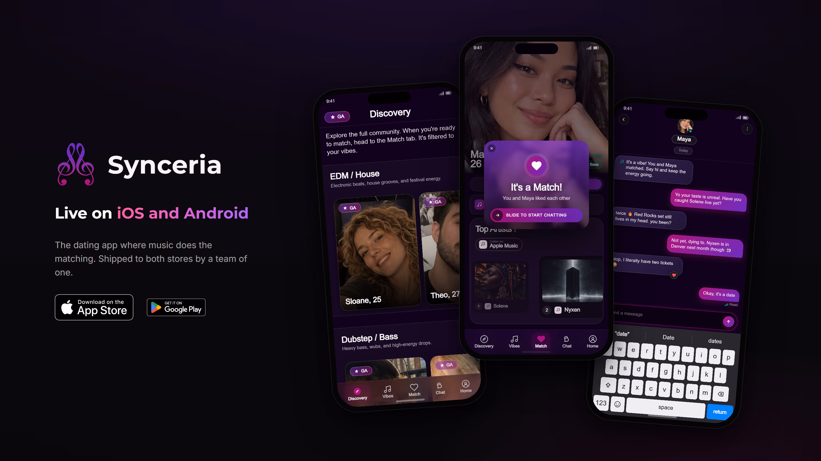 Synceria logo and wordmark with App Store and Google Play badges alongside three app screens