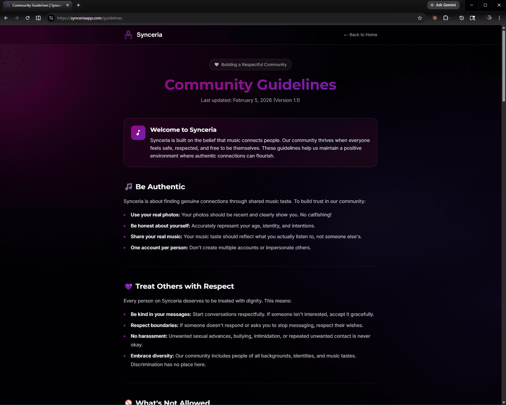 Community Guidelines legal compliance page with structured content sections