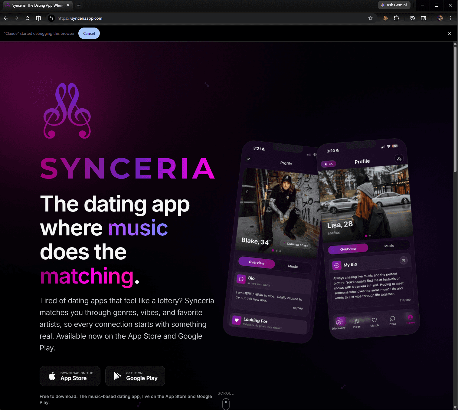 Synceria hero section with dual phone mockups, app store buttons, and aurora background