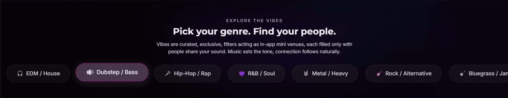 VibeScroller genre carousel with 10 music genre badges